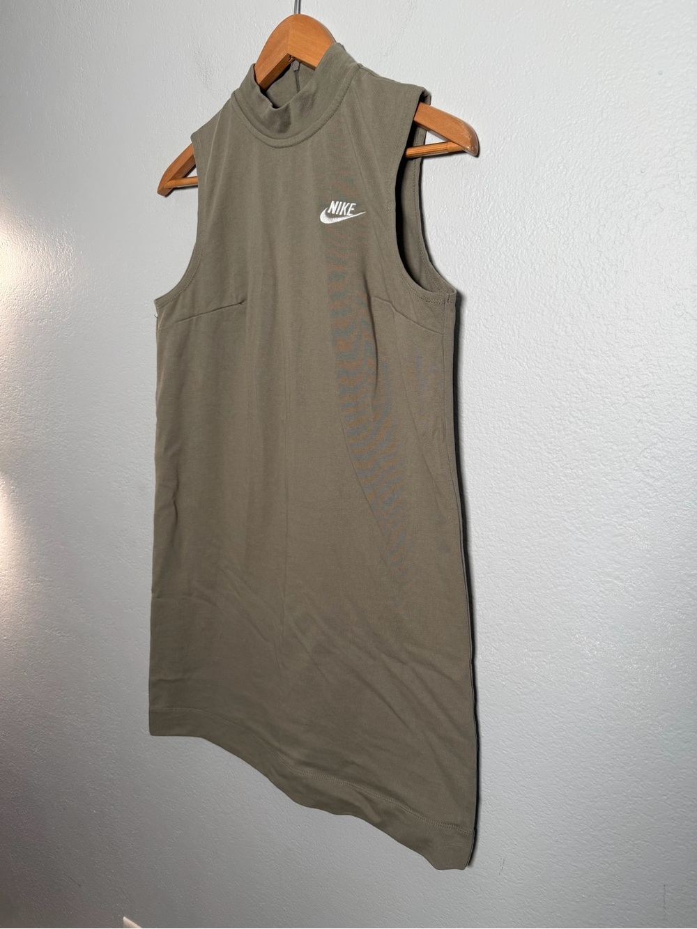 Nike Olive Green Sleeveless Mini Dress with Mock Neck 100% cotton zip back M